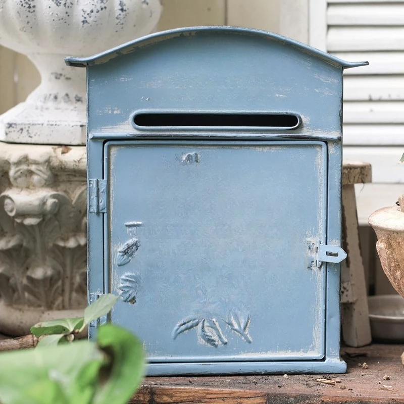 blue three-dimensional relief mailbox, wrought iron retro garden wall-mounted mailbox, garden decoration suggestion box