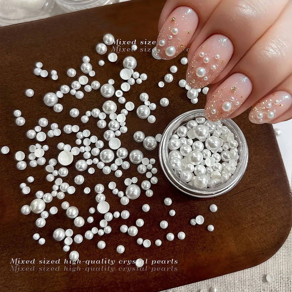 1jar platte achterkant parel luxe nagel sieraden decoraties halfronde parel nagelfiguren charme verschillende grootte ronde kralen manicure