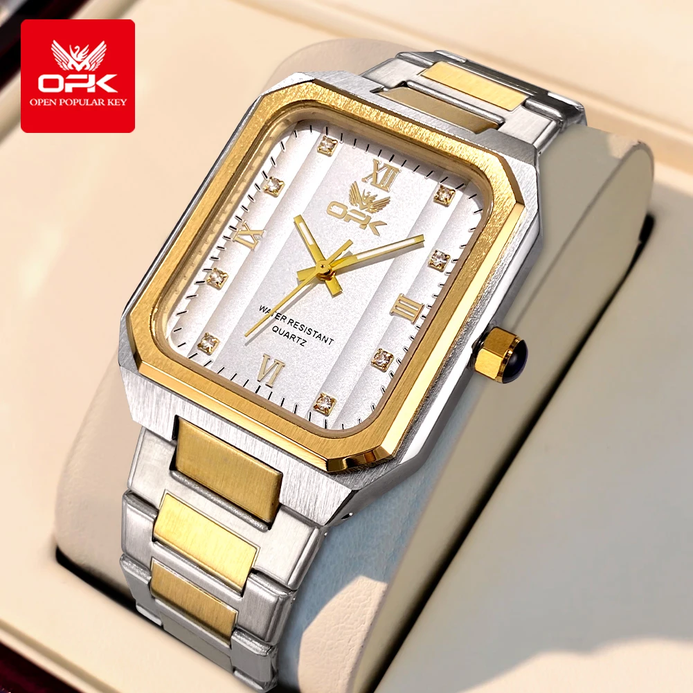 OPK 6043 Original Quartz Watches for Men Fashion Square Dial Roman Scale Waterproof Luminous Men's Watches Steel Strap Man Watch