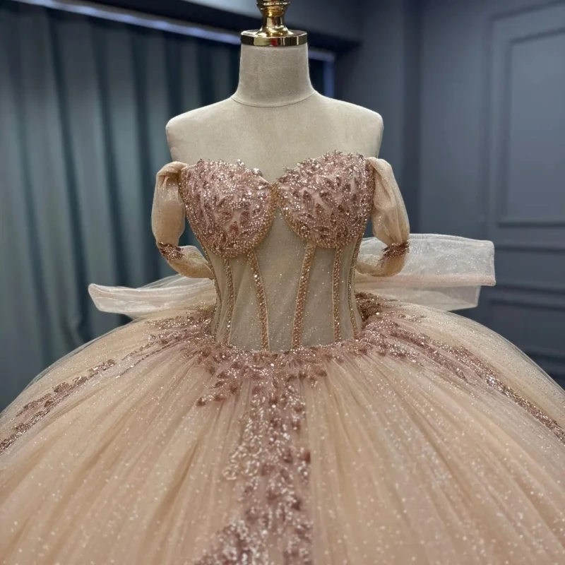 

Shiny champagne Quinceanera Dress glitter crystal Decal Long tail Lace layering Bow Vestidos De 15 Quinceanera ﻿Customize