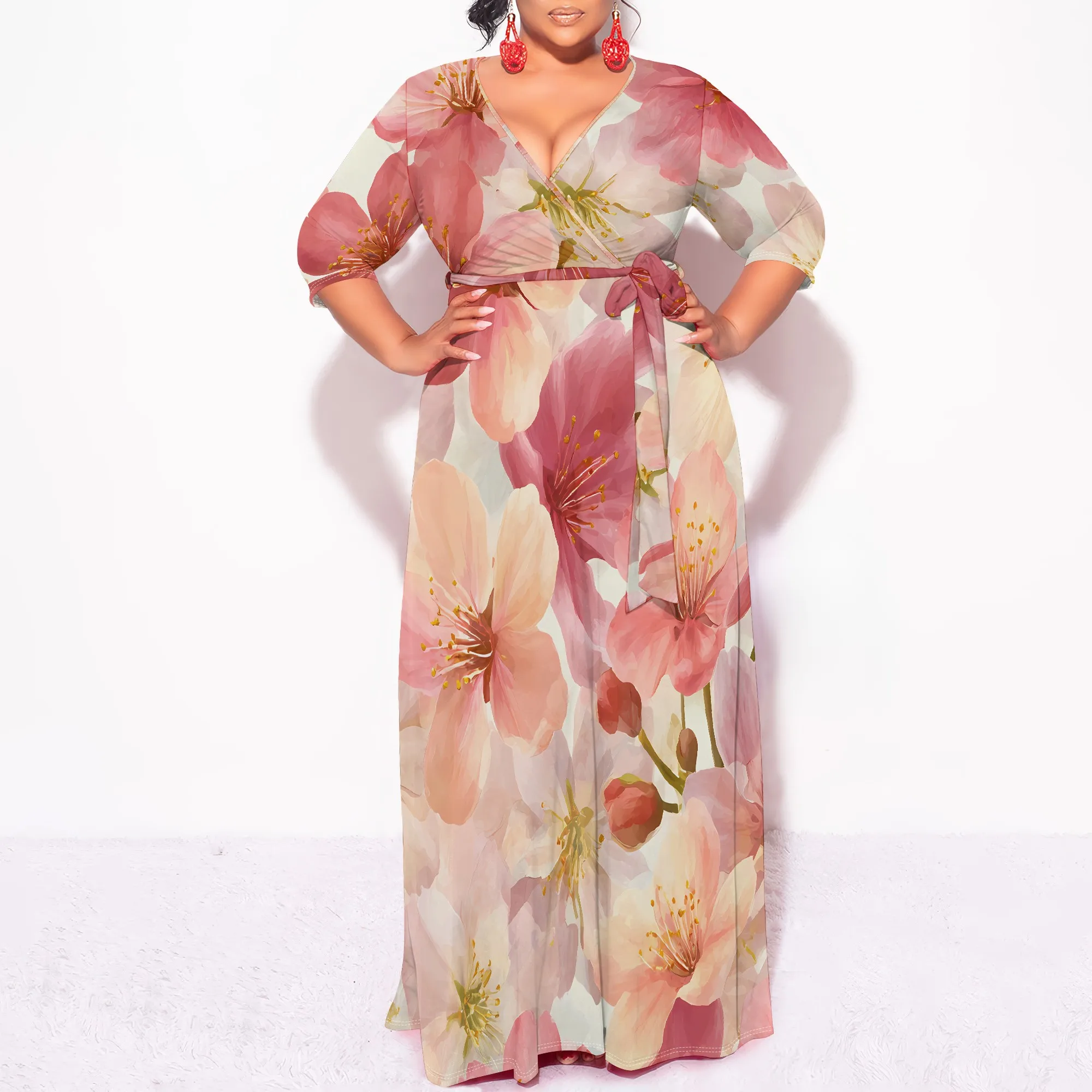 

Plus Size Pink Blossom Print Long Sleeve Maxi Dress Elegant Soft Tone Autumn Style