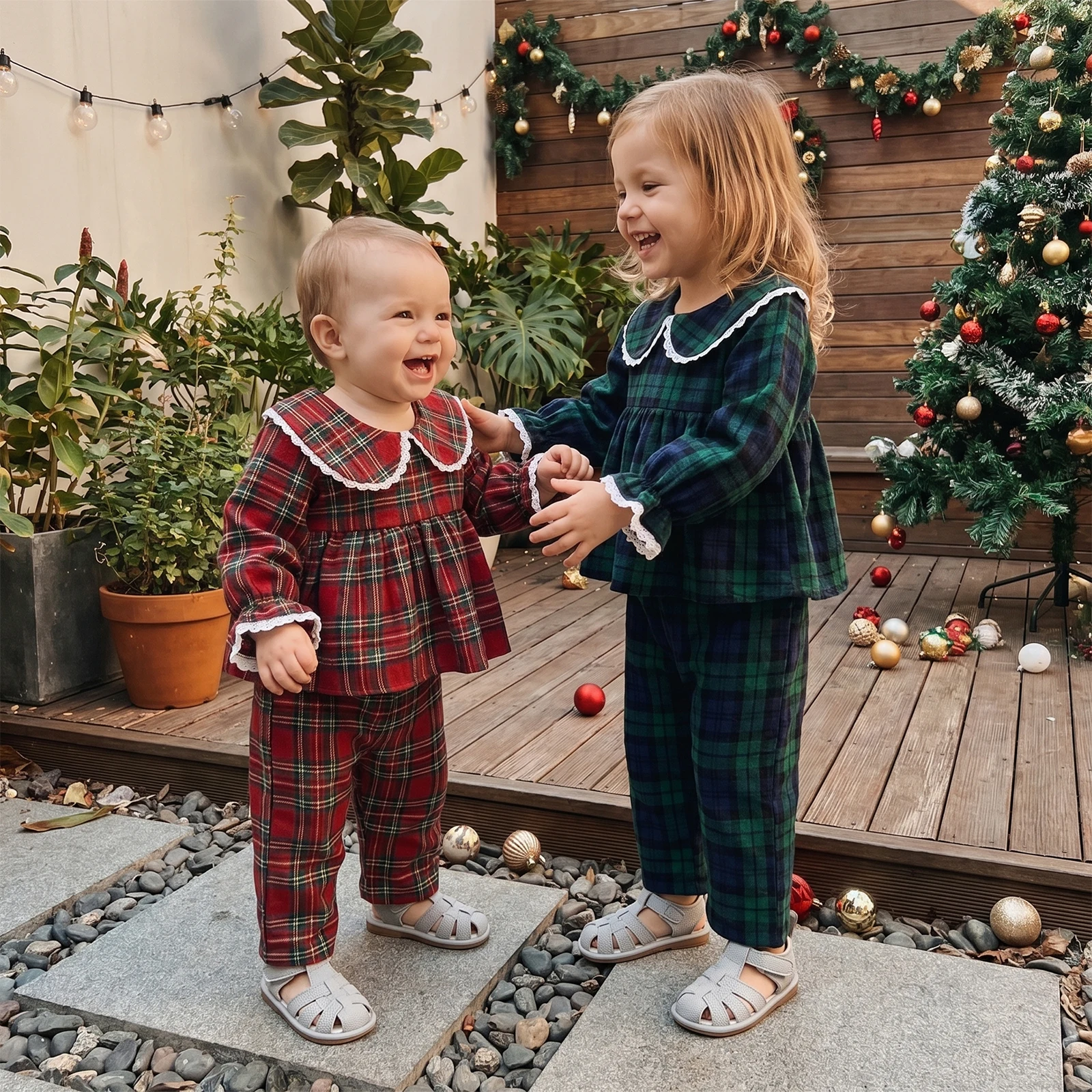 2027 New Years Xmas Toddler Baby Girl Plaid Outfits Casual Lace Trim Doll Collar Long Sleeve Tops with Pants 2 Pcs Baby's Sets