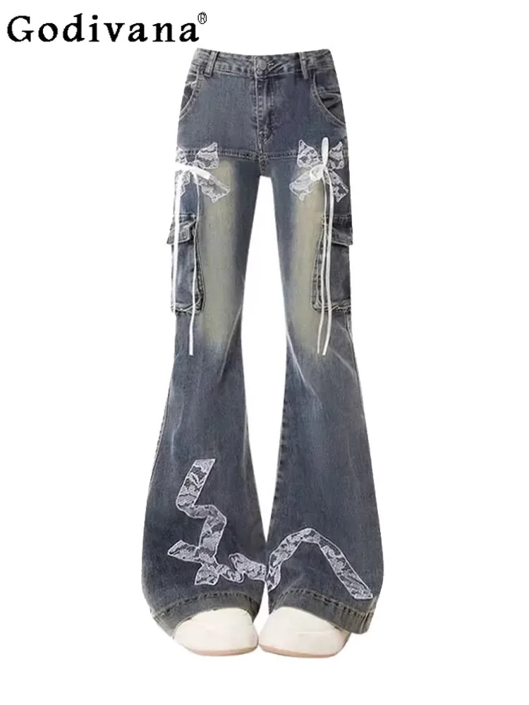 

Large Size L-4XL American Retro Lace Bow High Waist Bootcut Jeans Autumn Sexy Girl Fashion Versatile Street Blue Flared Pants