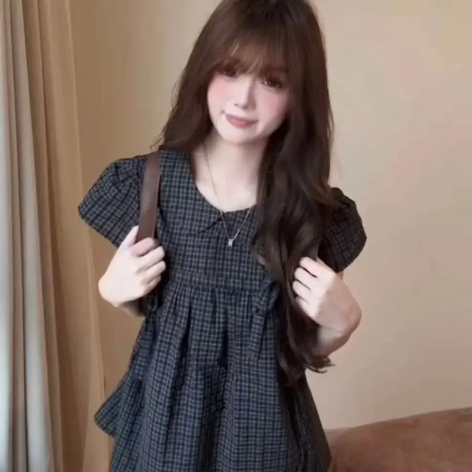 

New Peter Pan Collar Puff Sleeve Plaid Shirt Unique French Style Slim Blouses All-match Preppy Student Korea Chic Blusas