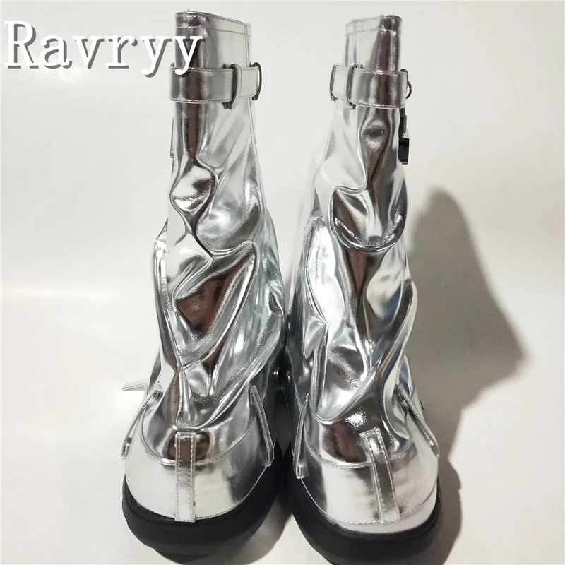 New Thick Bottom Metal Lock Women's Skirt Boots Round Toe Belt Buckle Wedges Heels Women's Shoes Winter Mid Calf Boots