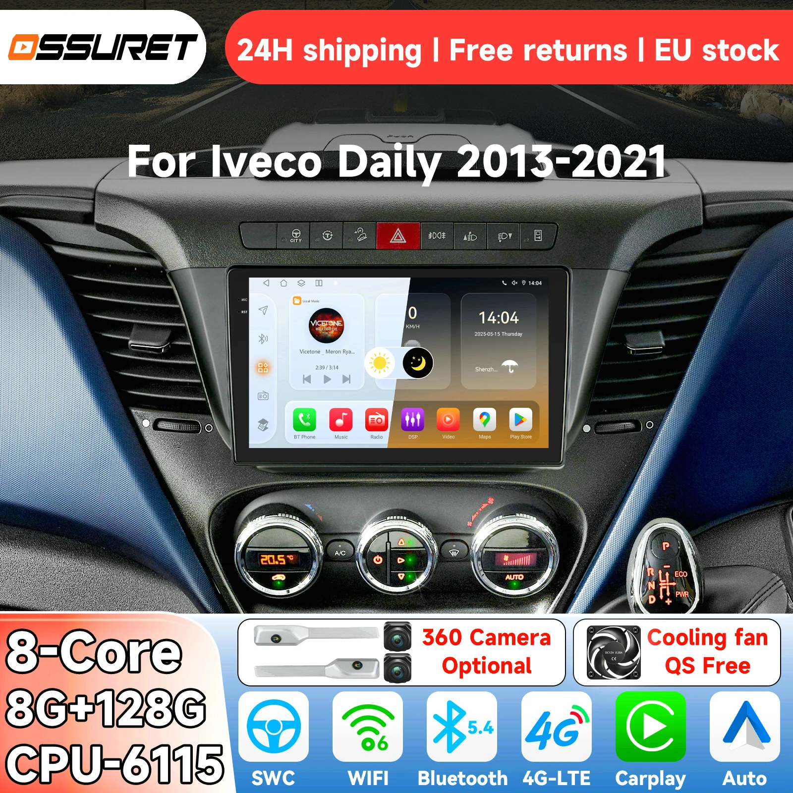 OSSURET Autoradio Android 14 per Ford Iveco Daily 2013-2021 Sistema Intelligente Carplay Lettore Multimediale Video GPS 4G 6115