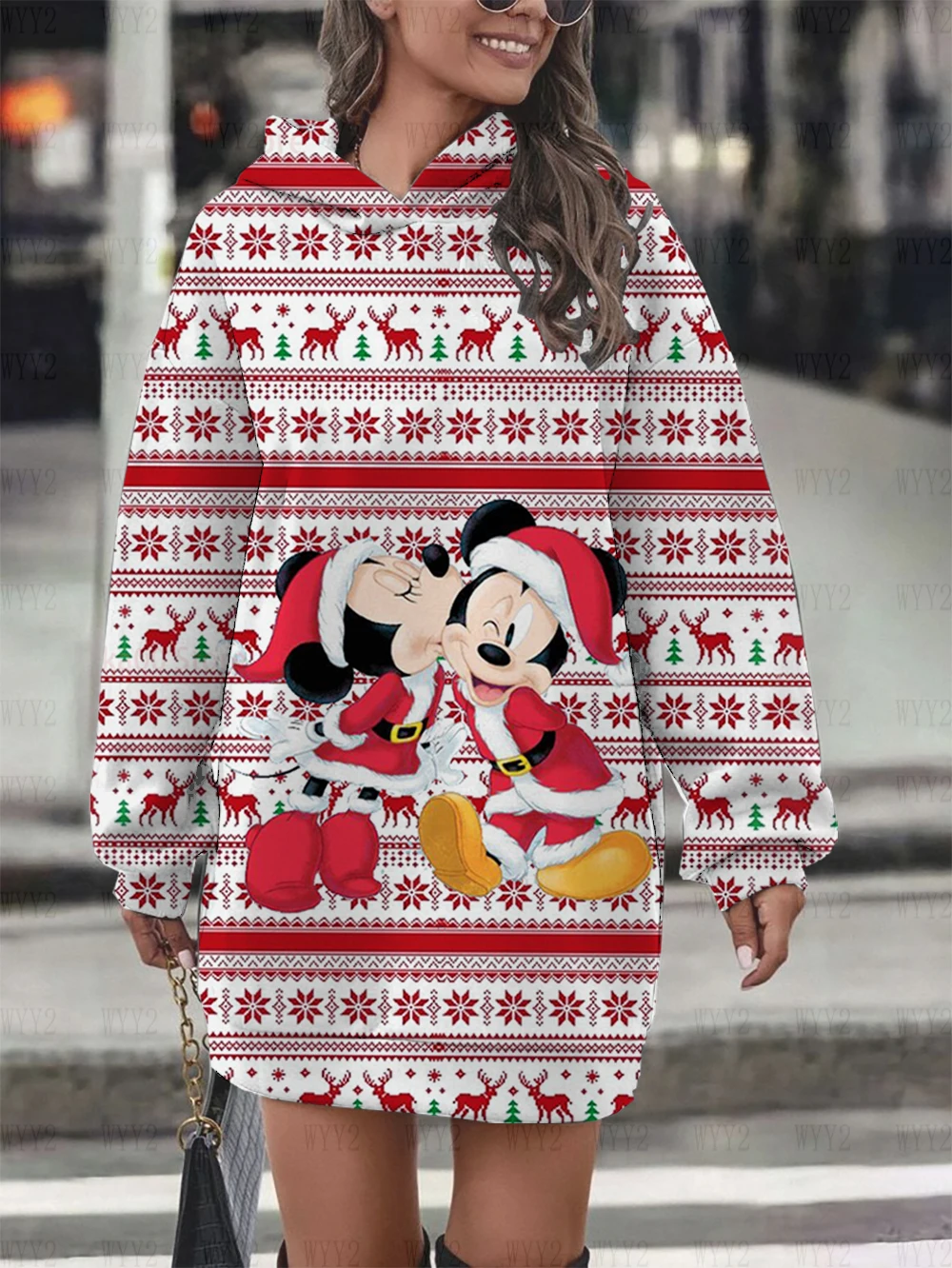 Women\'s Clothing Disney Christmas Collection Mickey Print Long Sleeve Pullover Sweatshirt Dress Casual Fashion Ladies Street Top