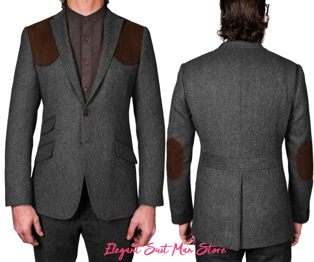 

Grey herringbone Wool blend suit jacket Men's slim fit jacket Italian retro Outdoor sports casual Man Coat hunting jacket