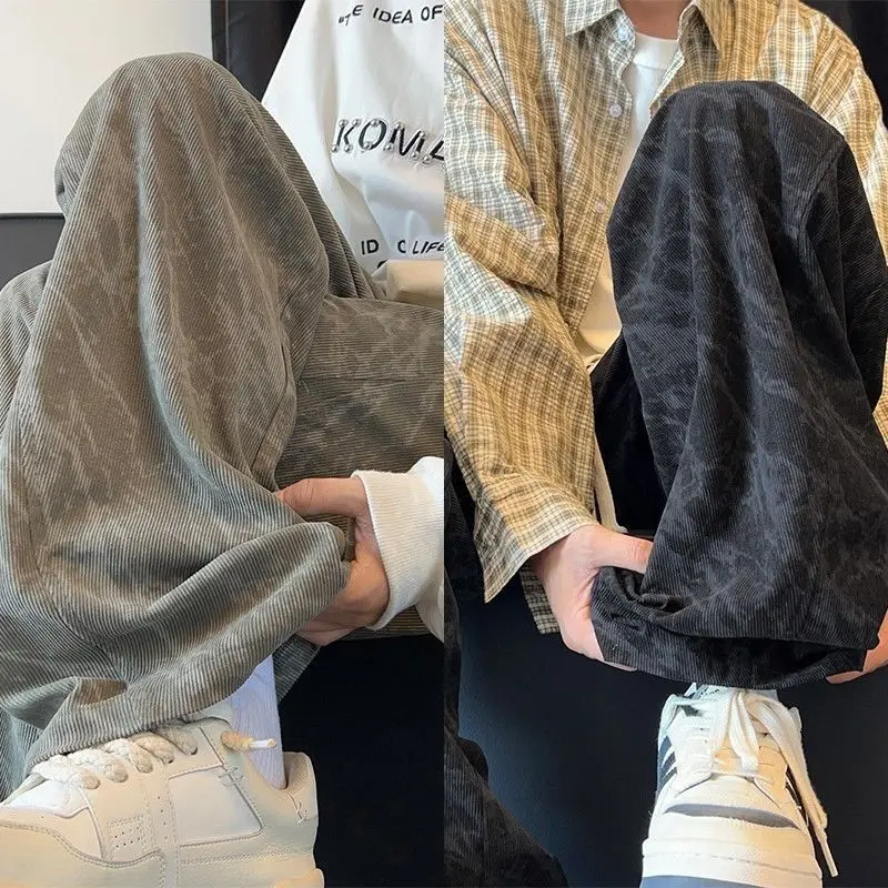 

American tie-dyed pants men's spring and autumn trendy brand loose corduroy straight-leg trousers wide-leg sports casual pants
