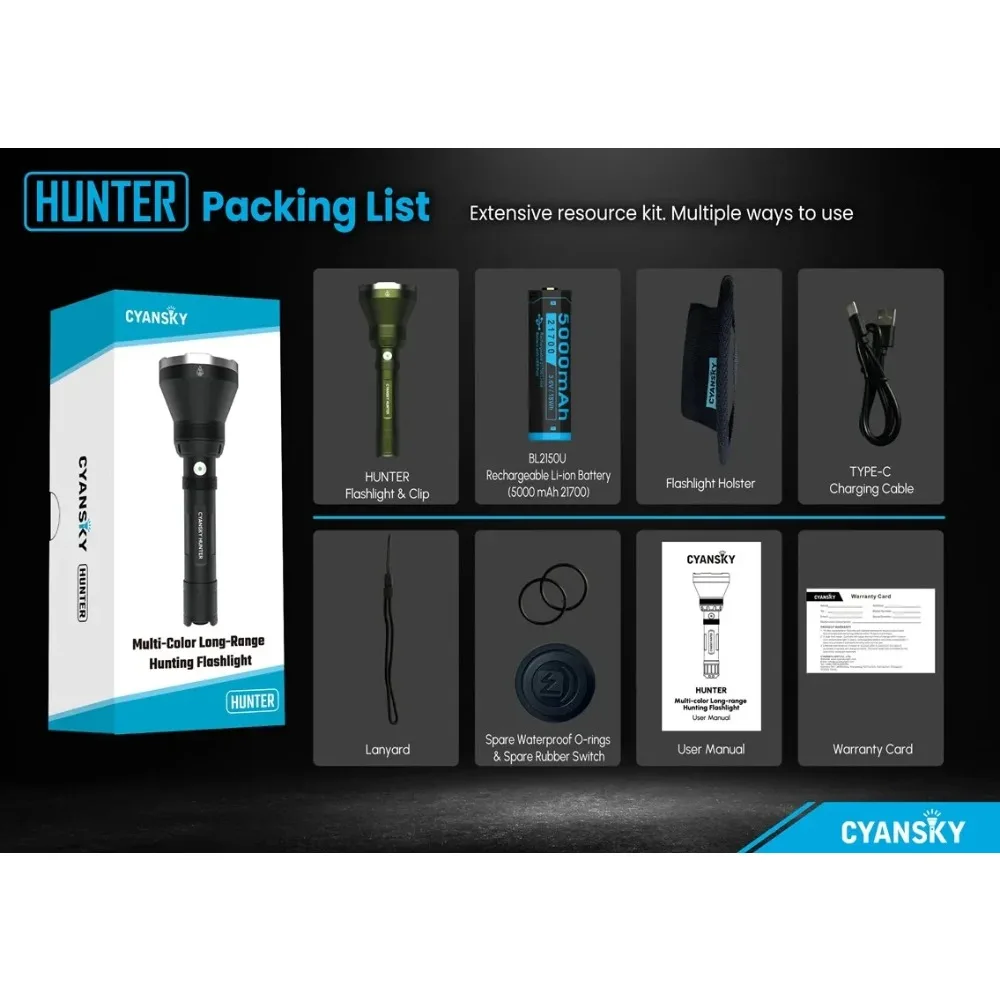 CYANSKY HUNTER Multi-color Long-range Hunting Flashlight Rechargeable Blood Light Tracking Green Red Hunting Light for Gun