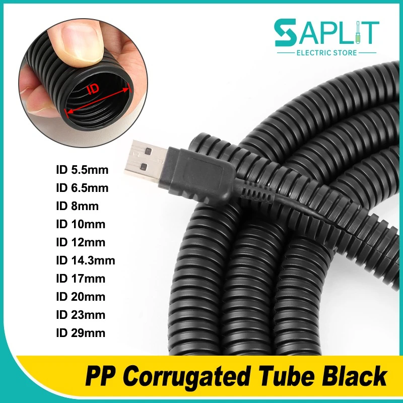

PP Corrugated Tube Black 7.5/10/11.6/13/15.8/18.5/21.2/25/28.5/34.5mm Insulated Wire Harness Casing Protect Cable Threading Hose