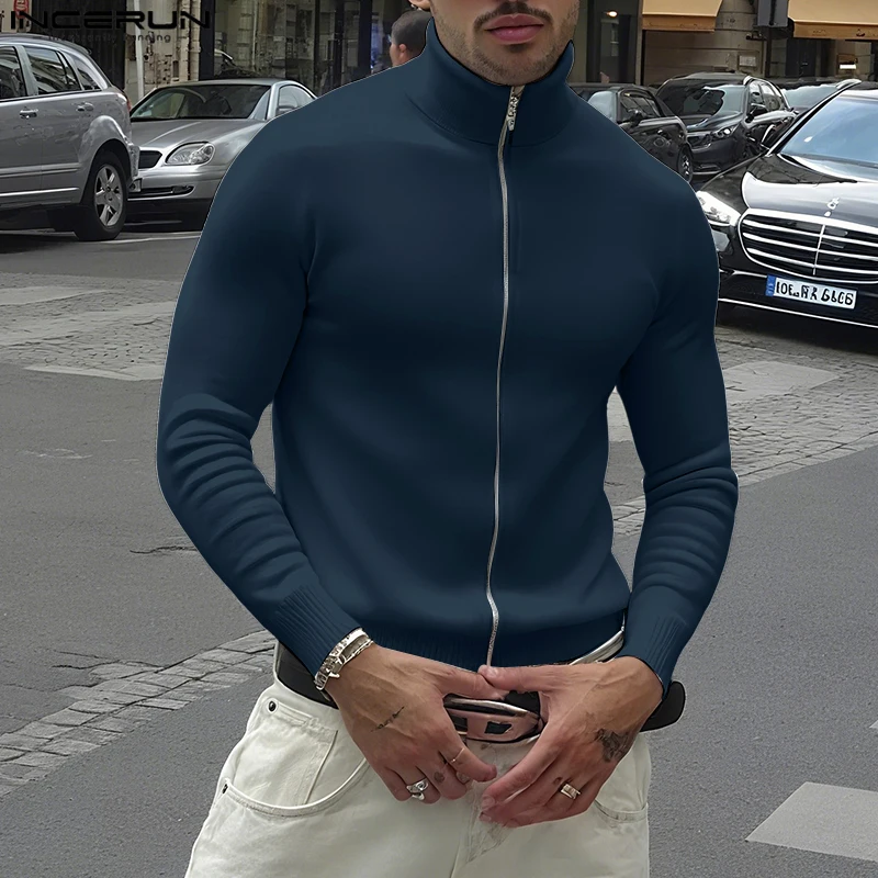 INCERUN Men Sweatshirts Solid Color Stand Collar Long Sleeve Zipper Male Cardigan Streetwear Autumn 2025 Fashion Casual Hoodies