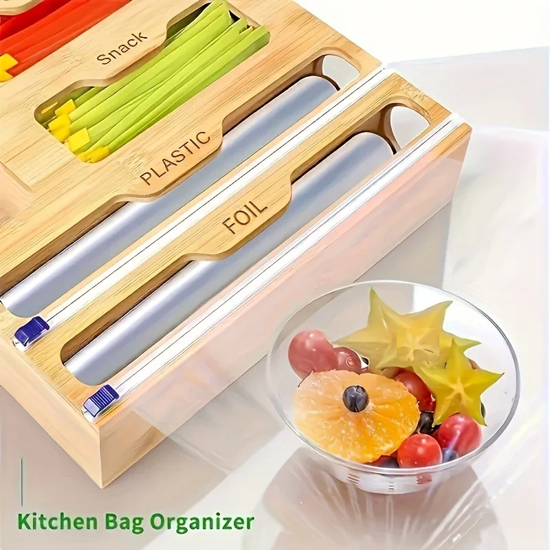 

Bamboo-Sealer Bag Organizer for Kitchen Drawer Plastic Wrap Organizer