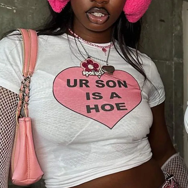New Fashionable American Style High Street Vintage Heart Letter Pattern Short Sleeve Outfit Casual Slim Short T-shirt And Women