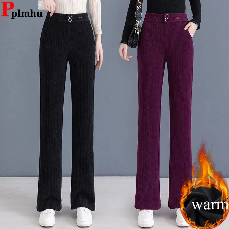 

Snow Wear Thicken Straight Pants Winter Warm Elastic High Waist Velvet Lined Wide Leg Pantalones Casual Solid Mom Sweatpants New