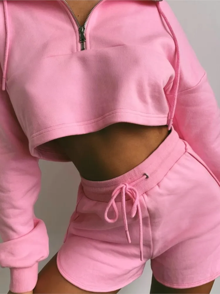 Ensemble short de sport décontracté pour femmes, mode d'été, fermeture éclair, col semi-ouvert, haut à manches longues, short à cordon de serrage, ensembles deux pièces