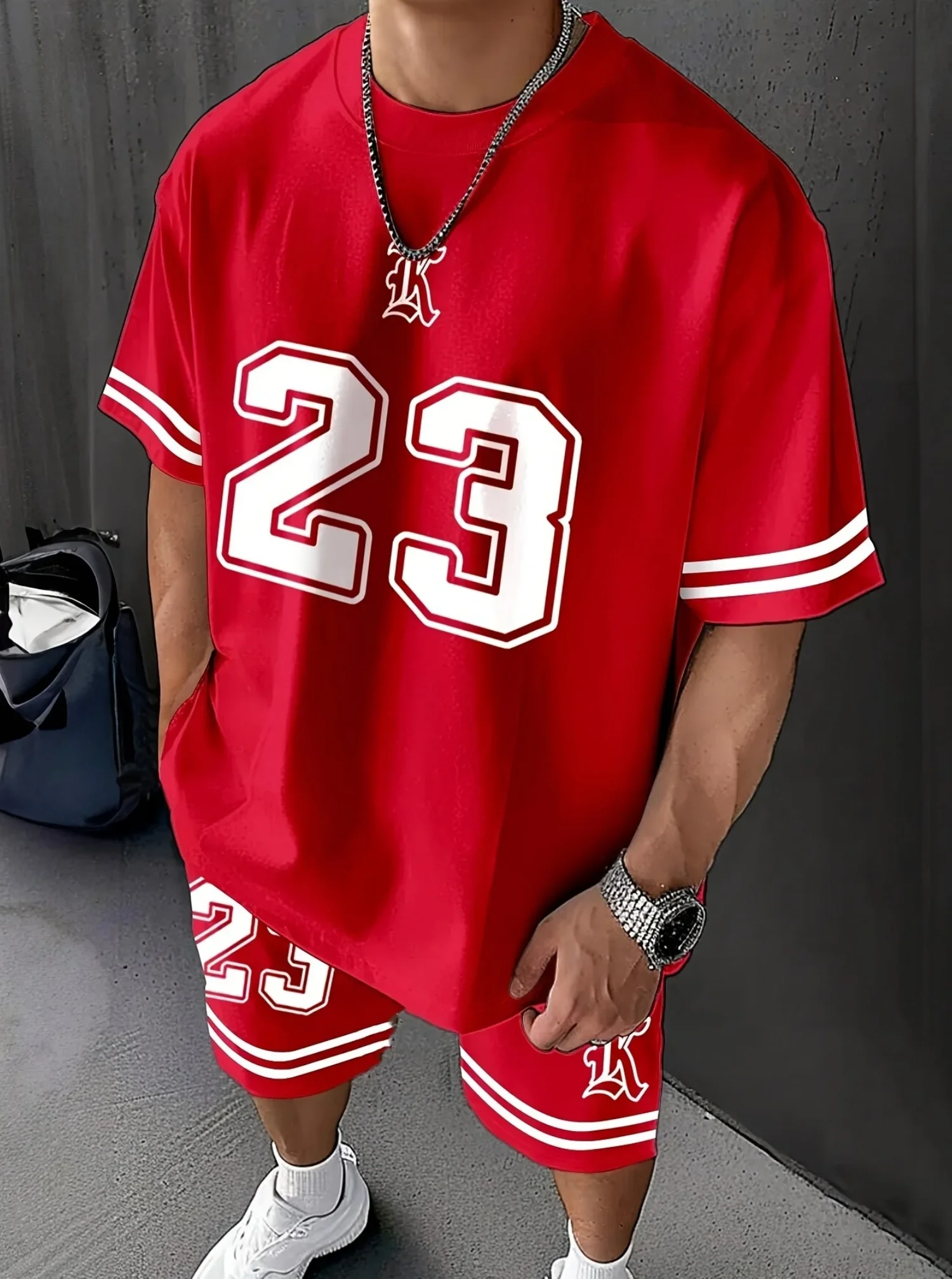 

2025 Adult Basketball Jogging 2 Piece Set Men Clothing New Red No.23 Print Men's Casual Short Sleeve T-Shirt Shorts Set