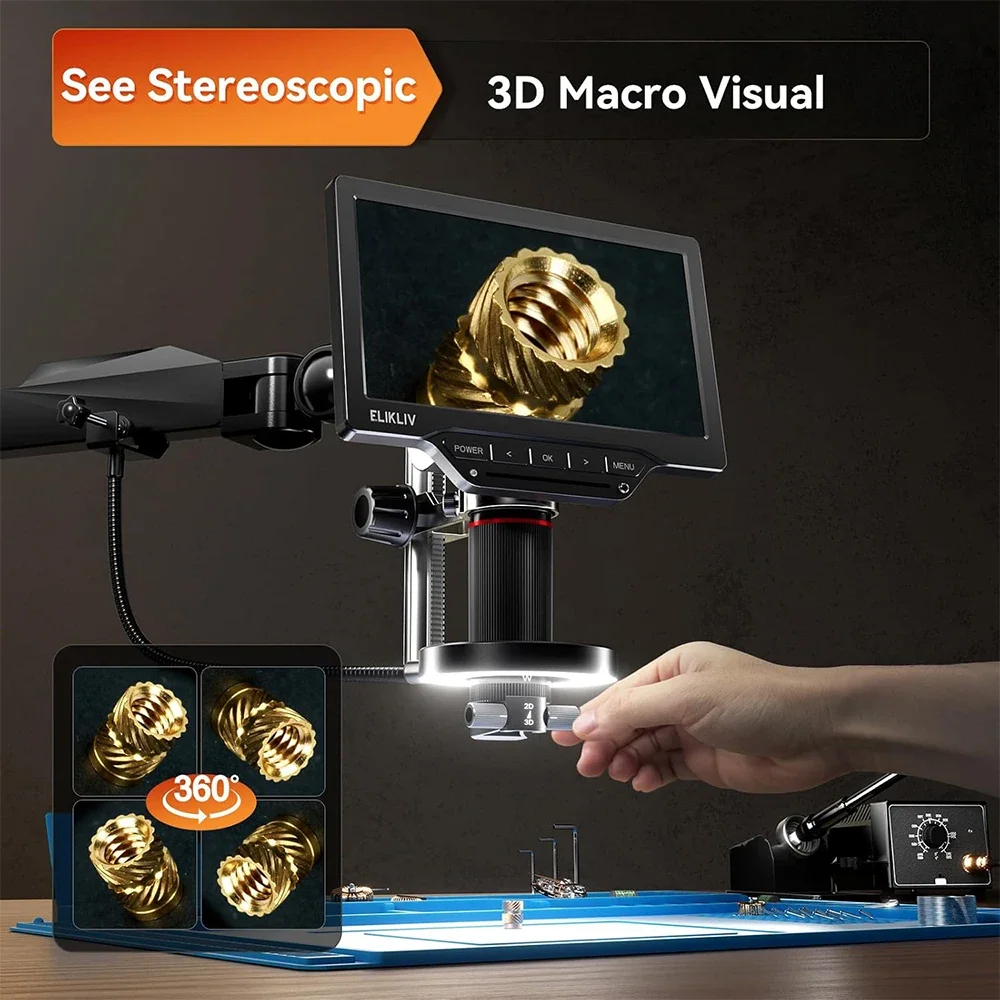 Elikliv EM3K-3D Max 10.1'3D Digital Microscope with Magnetic Dual Lens HDMI 3K Soldering Microscopio for Electronics W/Flex Arm