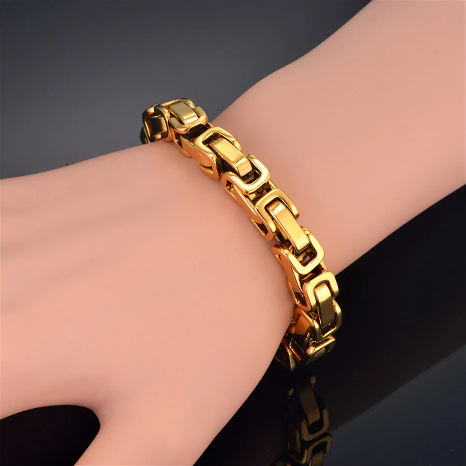 Hot Sale 2 Pcs/Set Hip Hop Classic Men\'s Jewelry Set Gold Plated Heavy Thick Stainless Steel Byzantine Chain Necklace Bracelet