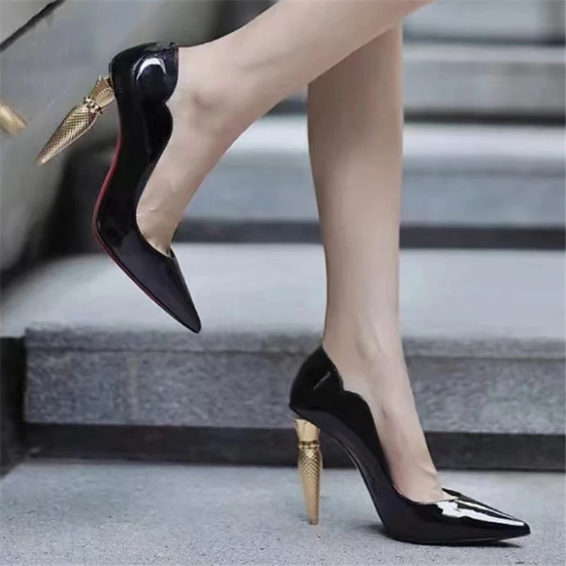 Designer Lipstick Heel Women Pumps Pointed Toe Strange High Heels Patent Leather Wedding Valentine Shoes Black Bride Stiletto