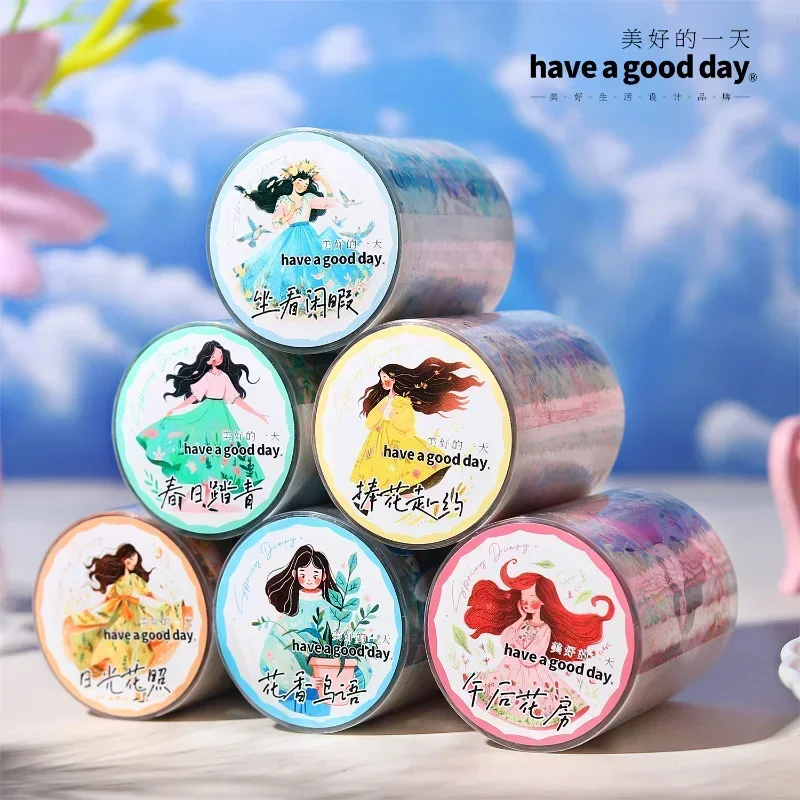 1Roll 2M PET Tape Spring Diary Sunshine Light Label Girl Loop Flowe Birds Sticker Handbook Adhesives Scrapbook 50mm*2M