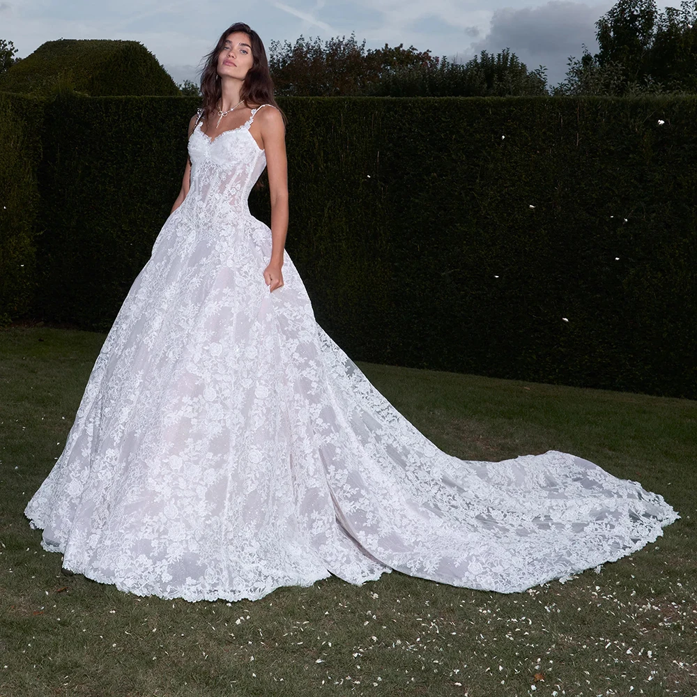 Nowoczesne suknie ślubne damskie w kształcie litery A, koronkowe aplikacje, tren dworski, bez rękawów, tiulowa suknia dla panny młodej, suknia bankietowa, Vestidos De Novias, możliwość personalizacji.