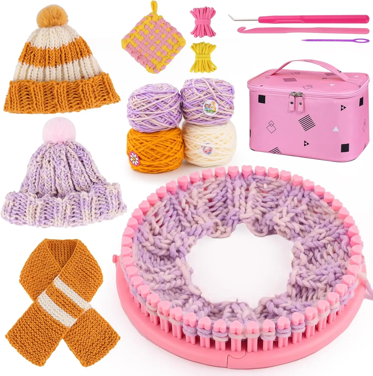 

Kids Knitting Loom Kit for Beginners - Make Hats & Scarves with Yarn and Hook, Perfect Gift for Girls Ages 6-12+, Pink