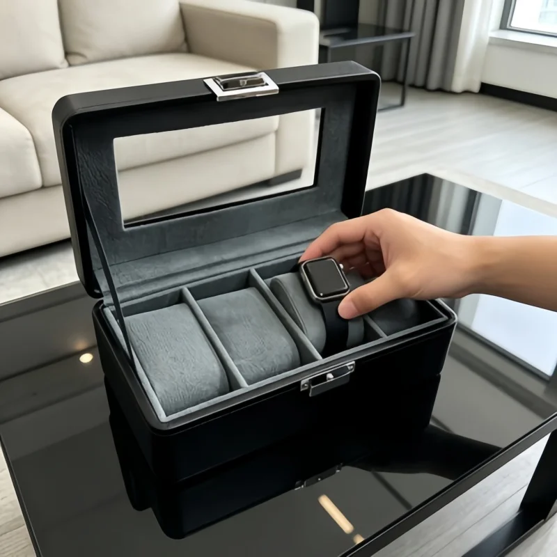 

Watch Collector Storage Organizer 4 Slot Lockable Leather Watch Box + 2PCS Jewelry Box for Home Travel Use