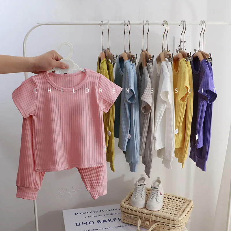 

2023 Summer New Children's Home Clothes Korean Casual Boys And Girls Baby Solid Color Suit Kids Pajamas Baby 2 Piece Set 0-4 Age