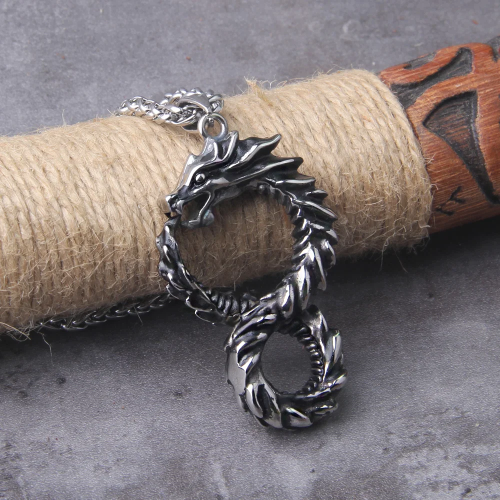 Never Fade Norse dragon snake Unlimited Self-devourer  Ouroboros pendant necklace with wooden box as gift