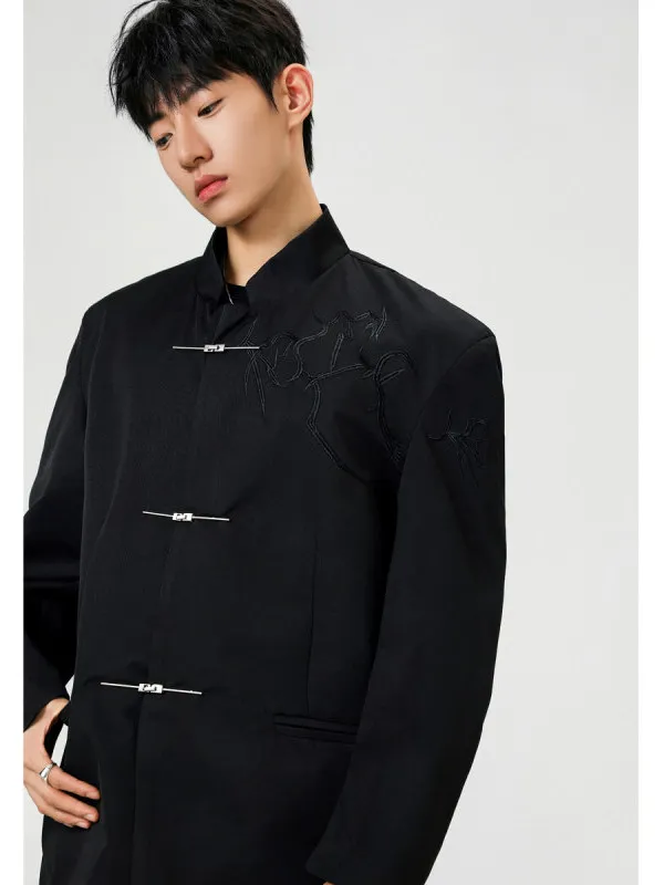 Nuovo colletto alla coreana ricamato Sle cinese Jaet da uomo con bottoni in metallo oulder pad abito casual capispalla primavera autunno alla moda...