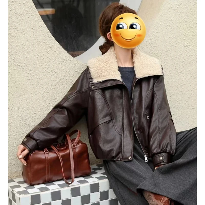 

Cool And Sli plus Size Women's Jaet with Lamb Fur Collar by gujie for Autumn Winter Straight Cut Long Sve Zipper