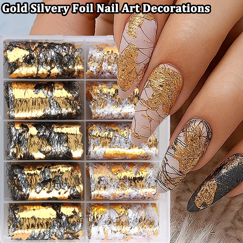 Black White Strips Line Golden Silvery Foil Nail Art Decorations 3D Fishing Line Net Golden Irregular Golden Leaf Nail Decoratio
