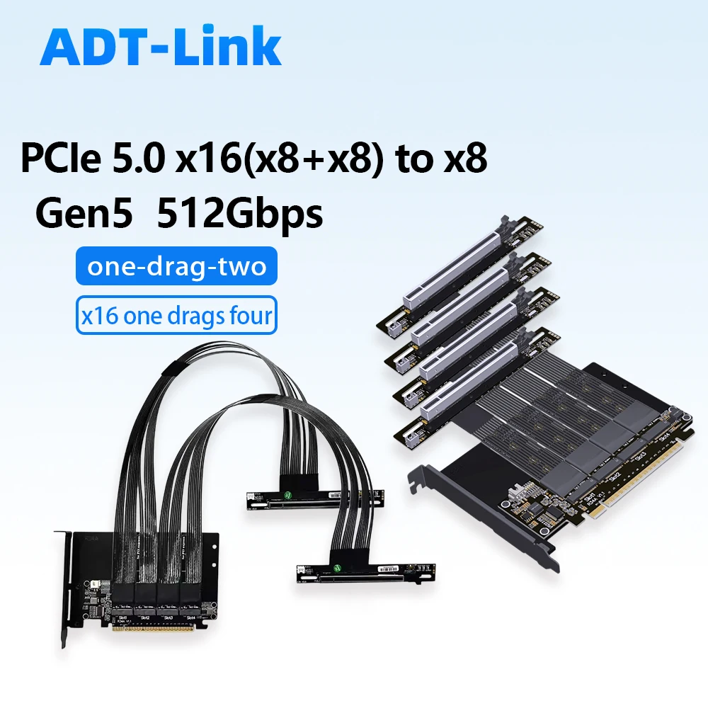 ADT-Link PCIe 5.0 X16 M.2 NVMe to X8 Splitting Extension Cable Gen5 512Gbps for AI Local Deployment Supports 1-to-2 High-Speed