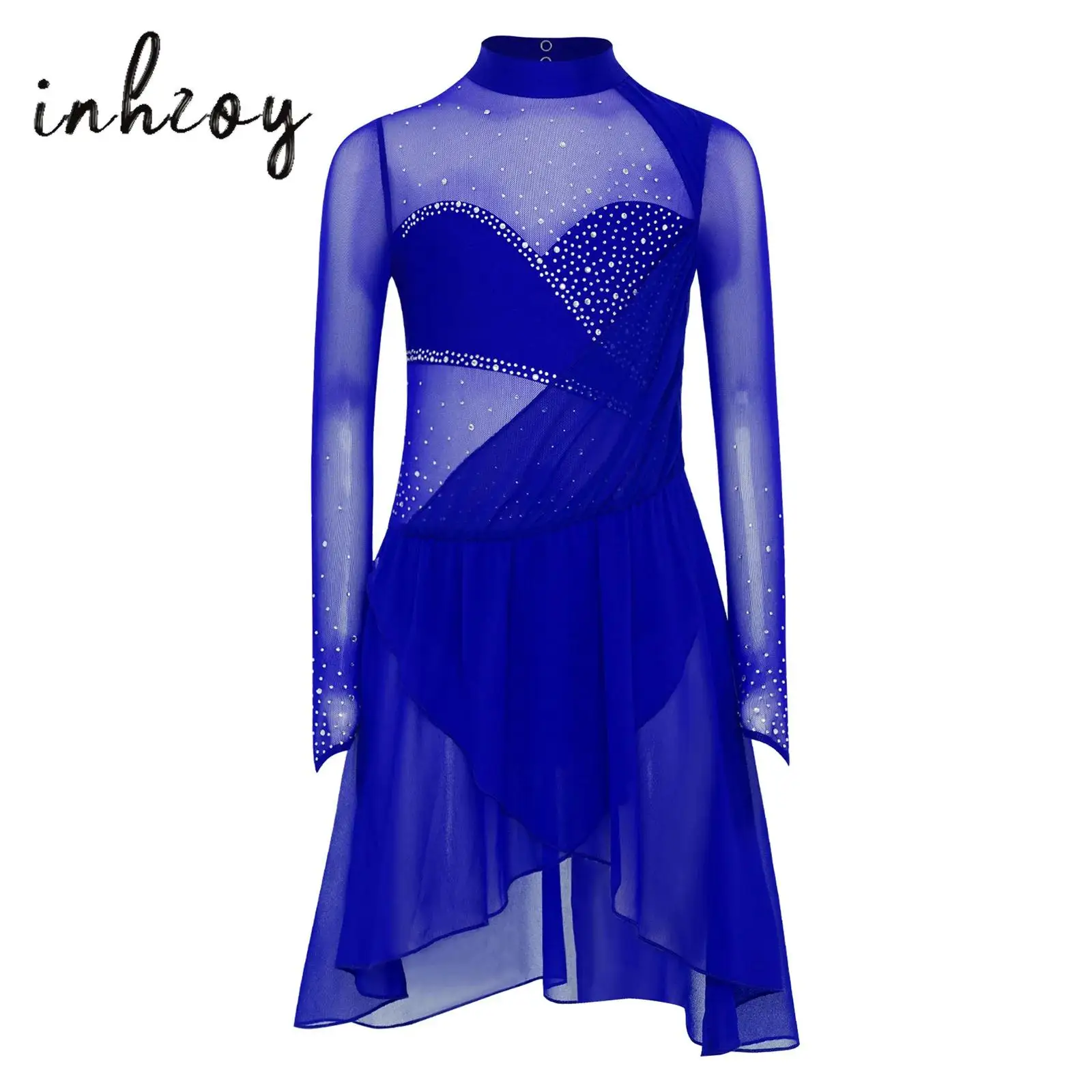 

Kids Girls Figure Skating Dance Dress Shiny Rhinestones Long Sleeves Sheer Mesh Irregular Hem Leotard Dress Lyrical Dancewear