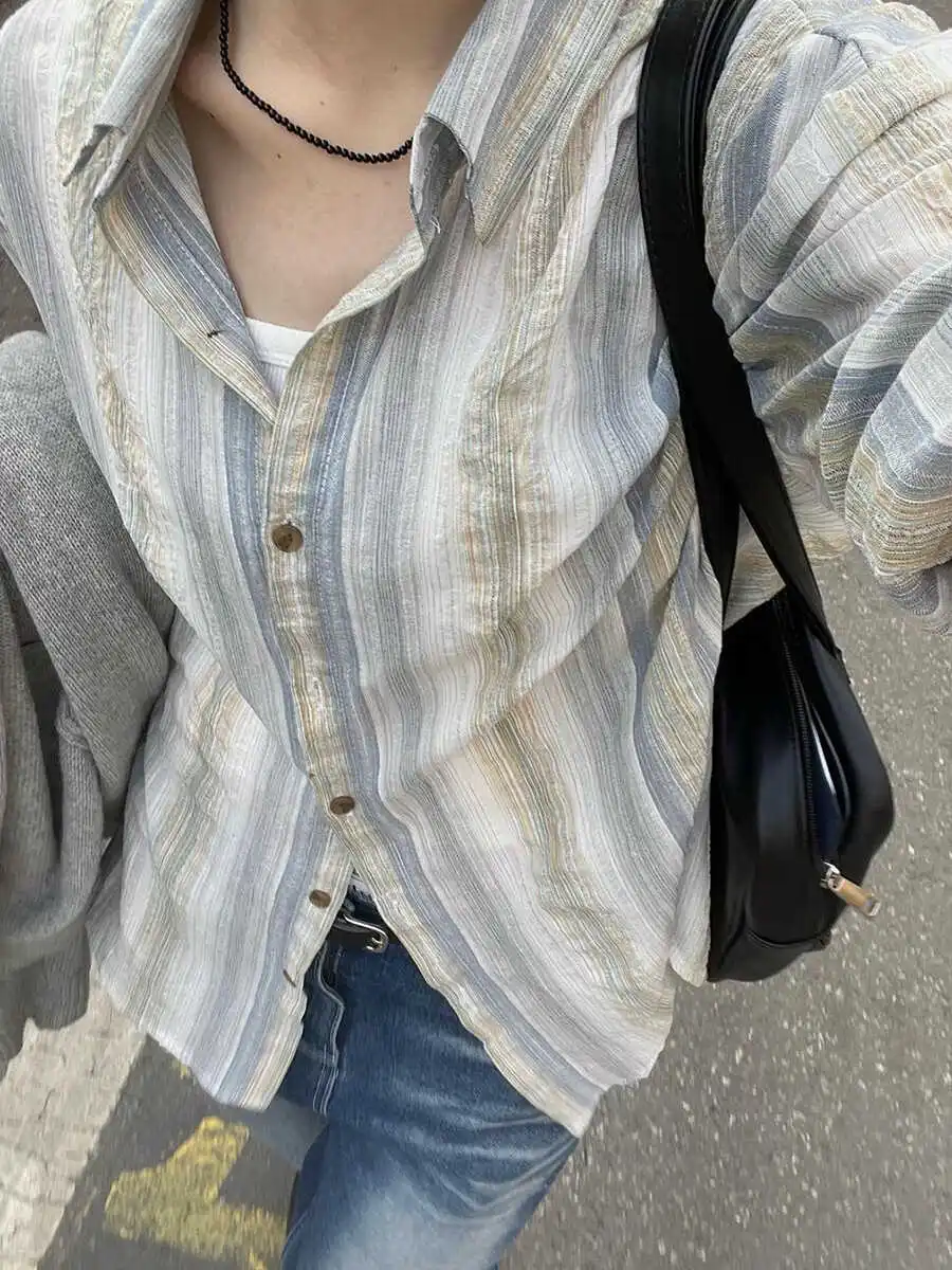 Women's Retro Striped Linen Shirt Thin Summer Outerwear Sun Protection Spring Autumn New Arrival Textured Korean Sle Long S...