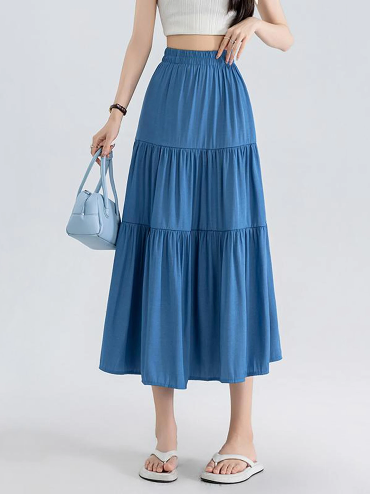 

Puella High Waist Design Ice Silk Denim Skirt Women's Mid-Length A-Line Skirt Commute Sle Straight Tube Pure Color