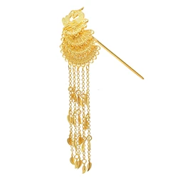 Gold Color Long Chain Leaf Tassel Hairpin for Women Peacock Chinese Traditiona Metal Stick Vintage Ethnic Hair Fork Hair Jewelry