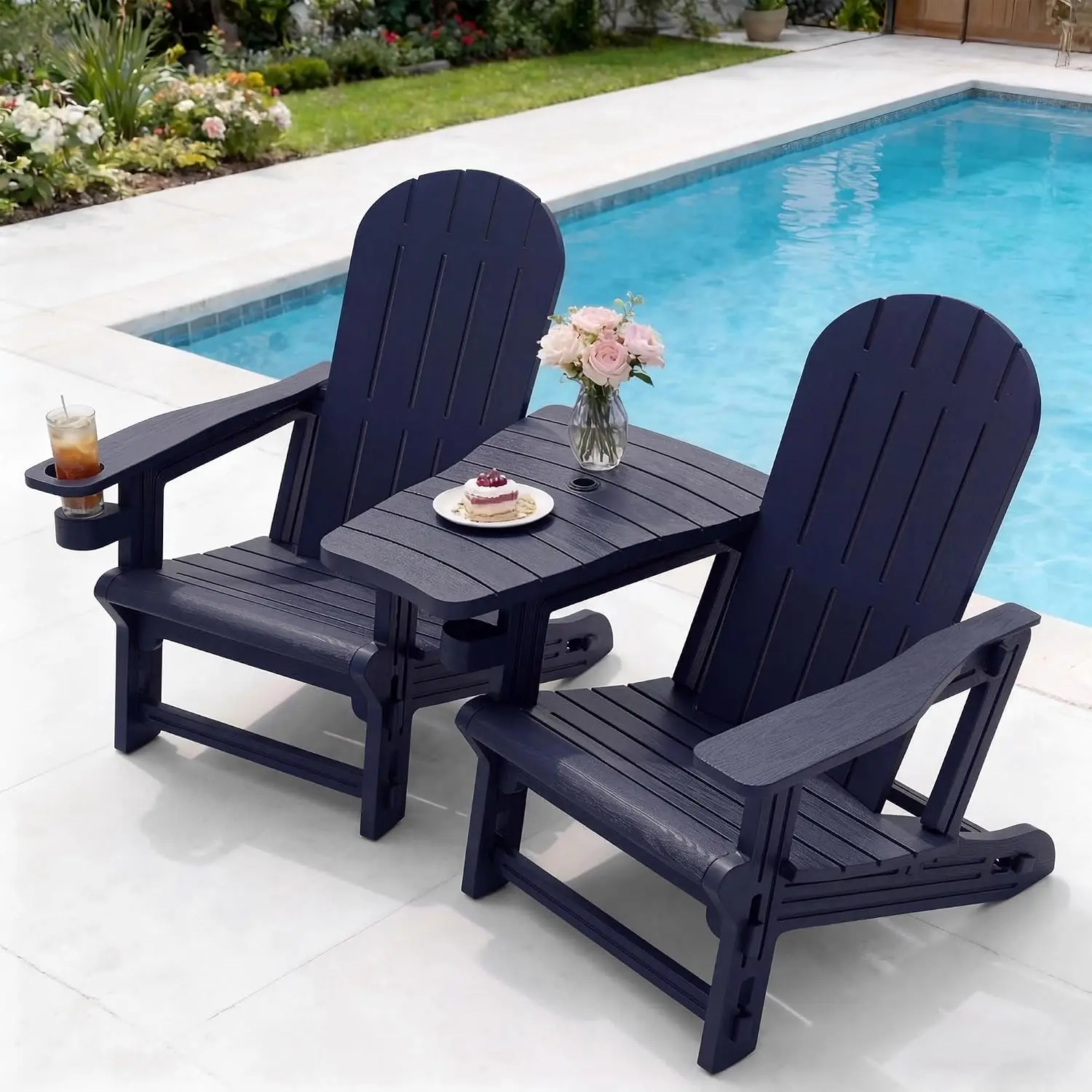 HDPE  Chair Set with Removable Tabletop, Wood Texture, Cup Holder for Patio Pool Deck, Dark Blue 3 Pieces, Customized