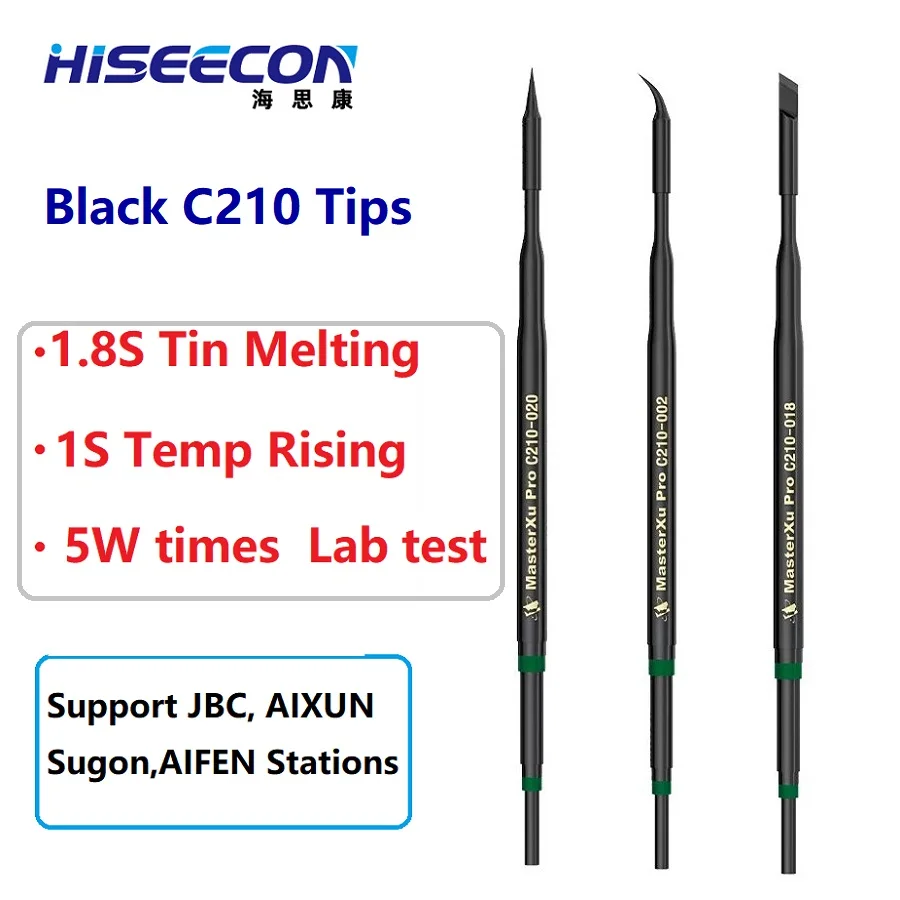 HISEECON C210 Black Soldering Iron Tips Anti Oxidation Long Service Life Replacement Tips for Mobile Phone Mainboard Repair Work