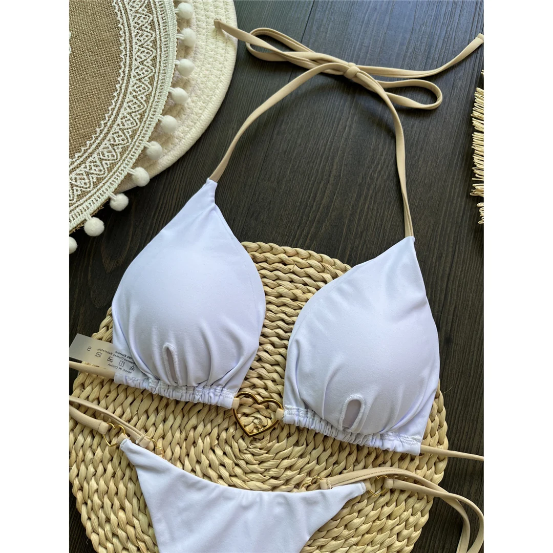 Halter Metall Herzförmiger Mini-Tanga-Bikini Damen-Badeanzug Zweiteiliger Bikini-Set Badebekleidung Badeanzug Schwimmen V6039 – Detail 23