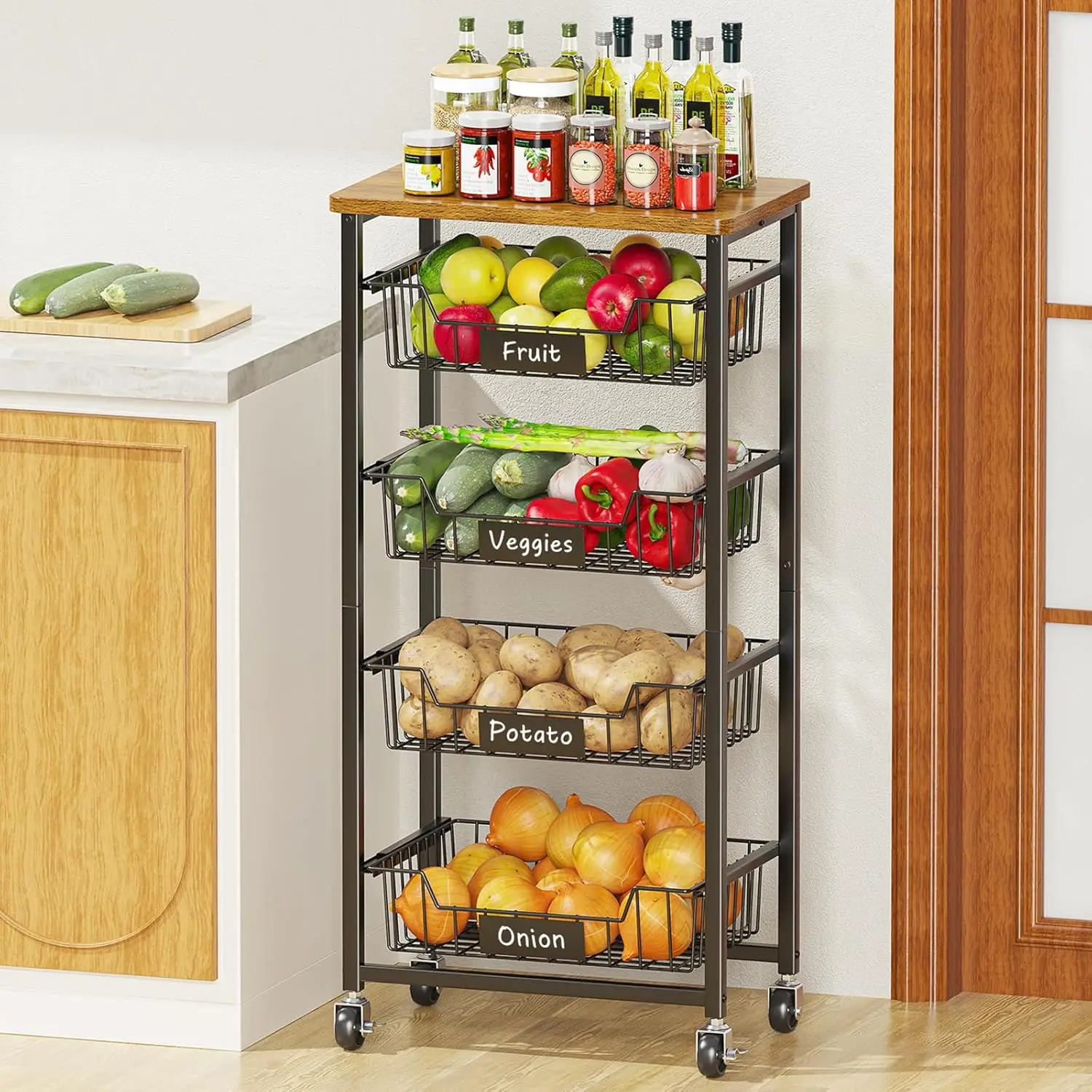 

5-Tier Metal Rolling Cart with Wood Top & Pull-Out Baskets for Kitchen, Living Room, Dining Room, Office