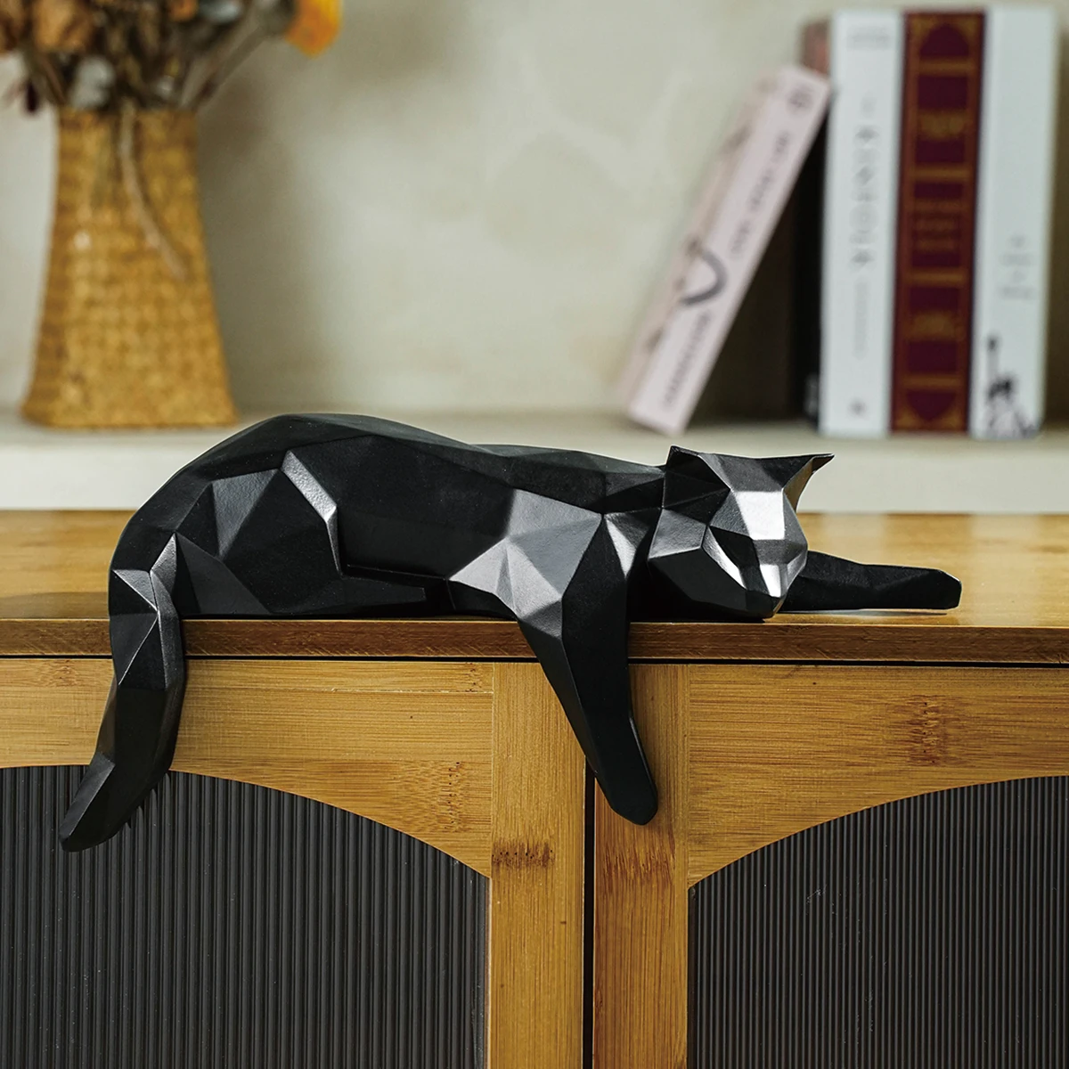 White Black Cat Statue - Geometric Modern Room Decor Figurine Sculpture for Home Office as Table Shelf Desk Decor  Lying Cat