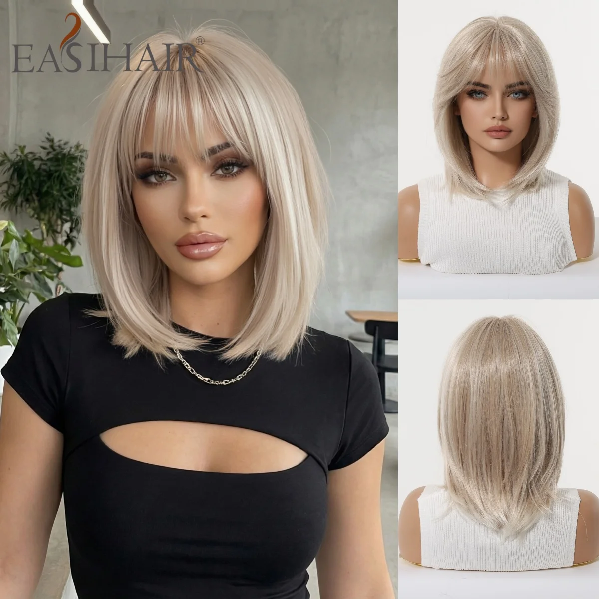 Platinblonde, geschichtete Bob-Perücke mit Pony, 30 cm, hitzebeständige Kunstfaser, natürlich gerader Schnitt, für Damen, Alltag und Party