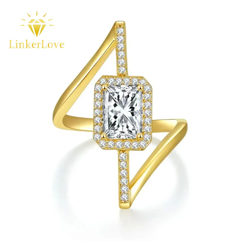 LinkerLove Gold Plated 2CT Radiant Cut Moissanite Halo Engagement Ring for Women 925 Silver Statement Ring Wedding Jewelry Gift