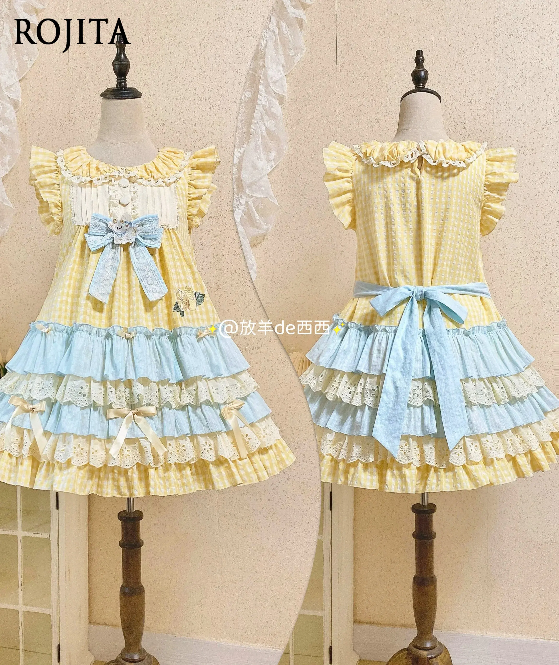 

Cute Yellow Blue Tiered Lolita Dress Bear Bow Ruffle Sweet Summer Dress for Girls Flying Sleeves Cotton Cute Soft Girl Dress