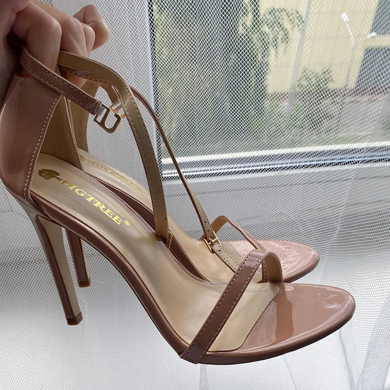 Women Summer 8cm 11cm High Heels Fetish Sandals Gladiator Platform Strap Glossy Leather Sandles Lady Nude Low Heels Party Shoes