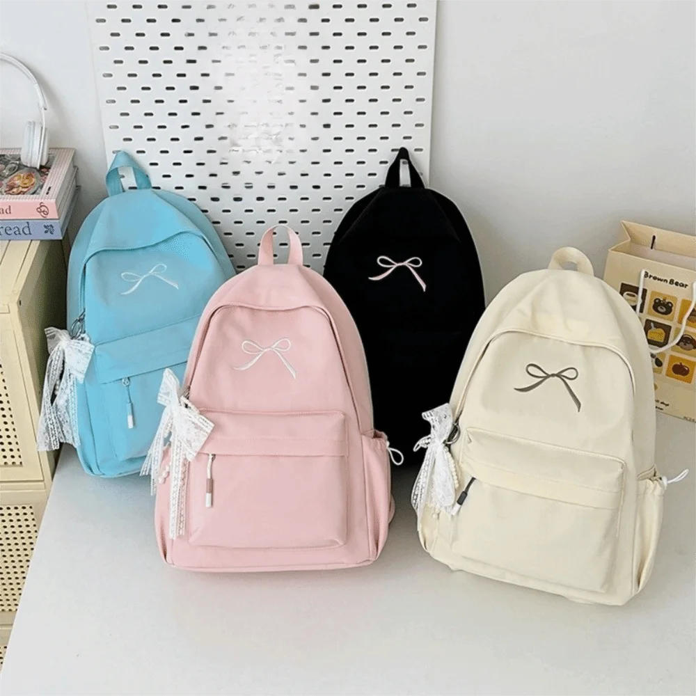 Cute Embroidered Bow Girls Backpack Nylon Large Capacity Students Schoolbag Lightweight Solid Color Travel Rucksack