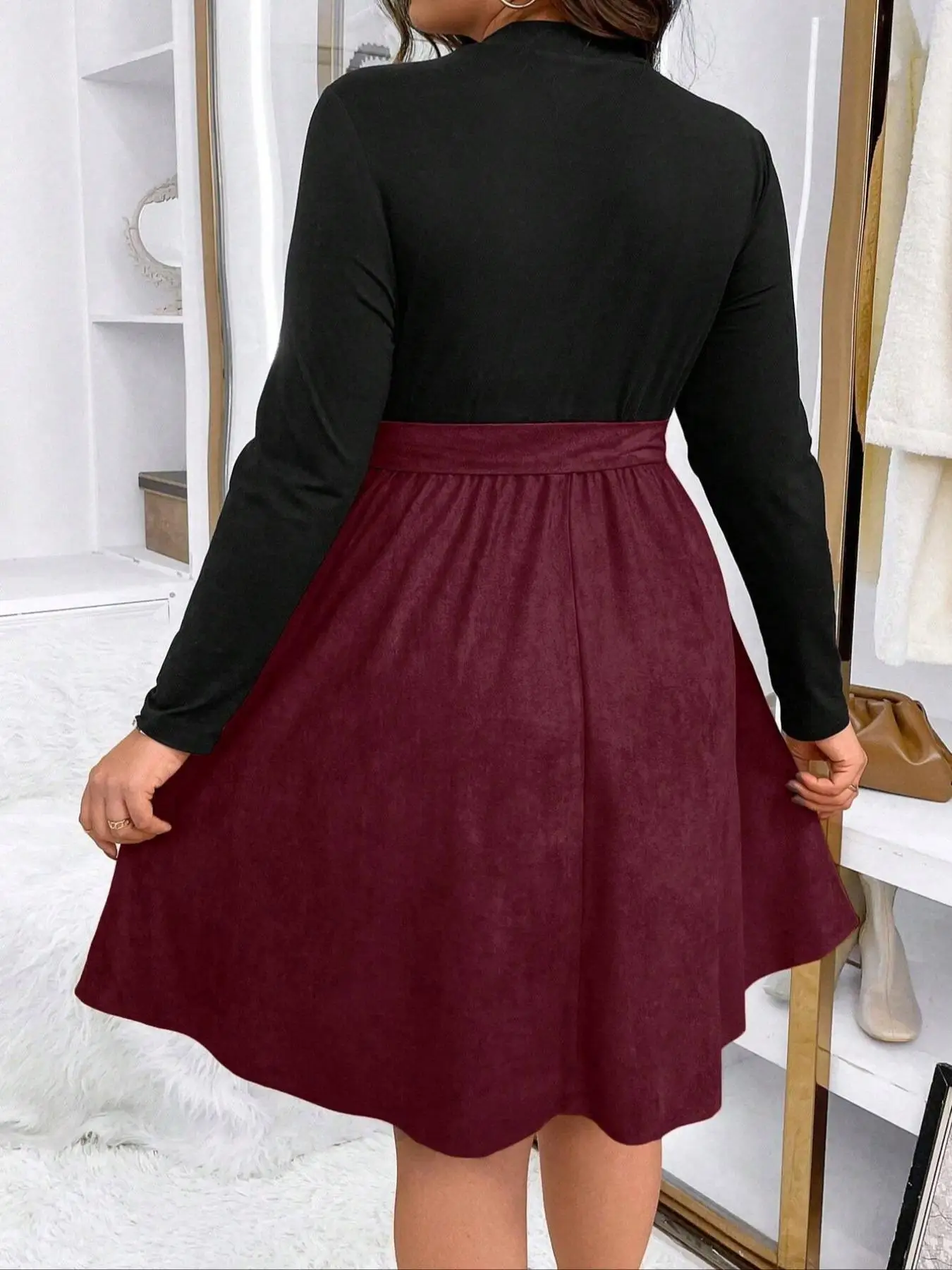Women's patchwork dress with two-color waistband, plus size, autumn and winter, large size, double-color belt, A-line dress, can