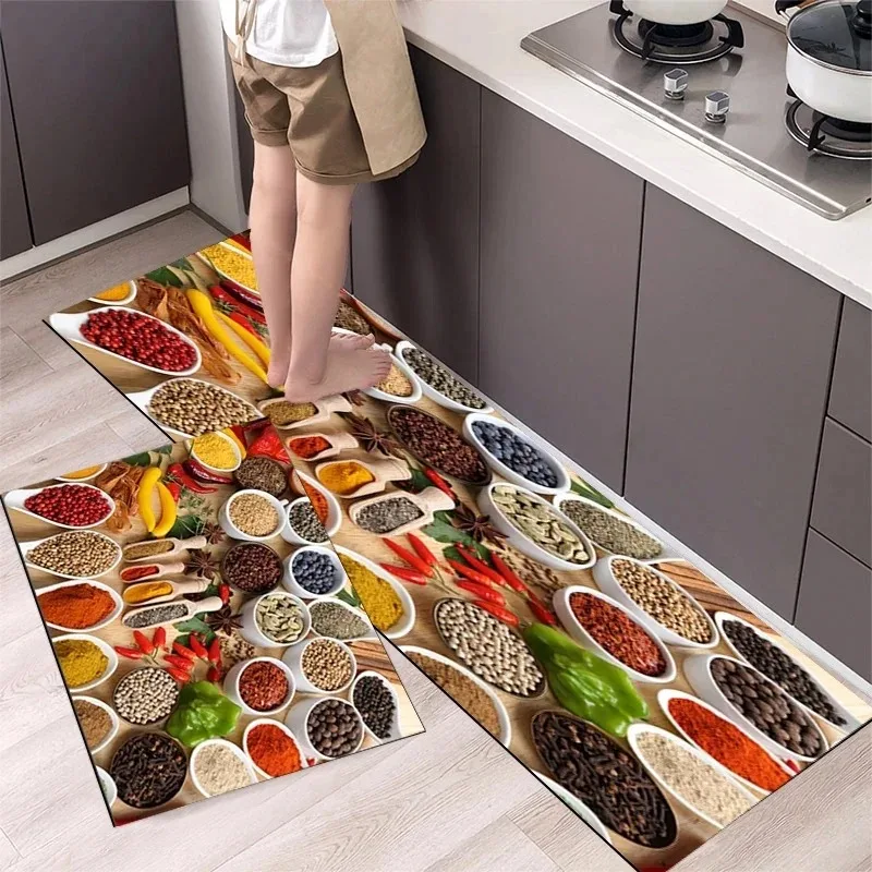 Colorful Spice Spoon Cinnamon Red Pepper Kitchen Long Runner Rug Kitchen-Specific Non-Slip Easy Clean Soft Floor Mat